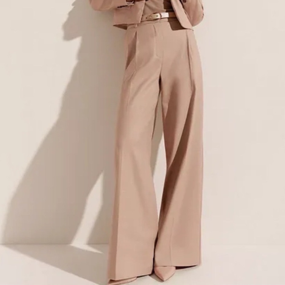 Ann Taylor Curvy Wide Leg Twill Pleated Pants Linen Blend 4 Camel Neutral Work